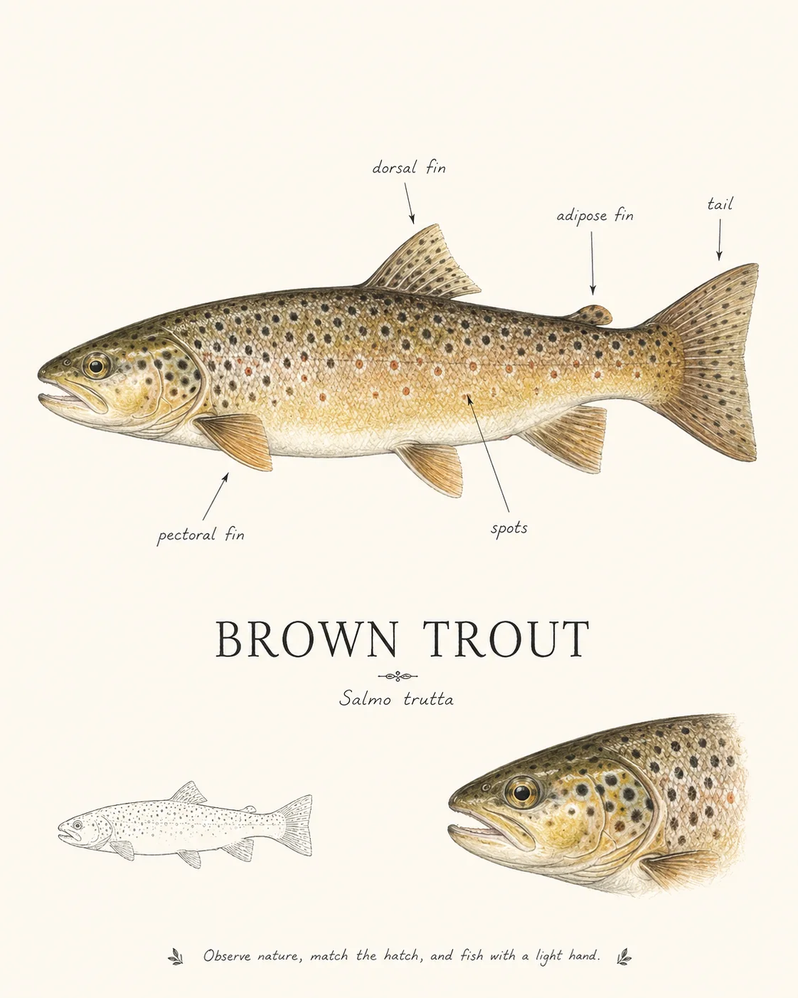Illustrated field guide to a brown trout showing its fins and characteristic spotting