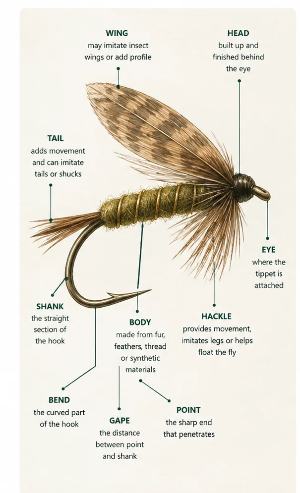 Illustrated anatomy of a fishing fly showing the wing, tail, body, hackle, hook eye, shank, bend, gape and point