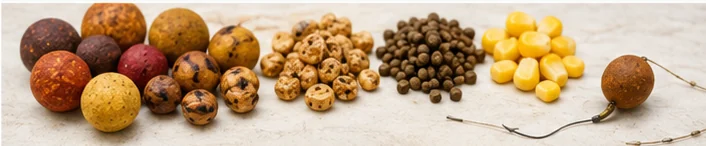 Carp baits including boilies, pellets, particles and sweetcorn