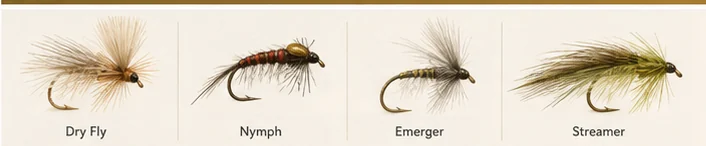 Examples of dry flies, nymphs, emergers and streamers