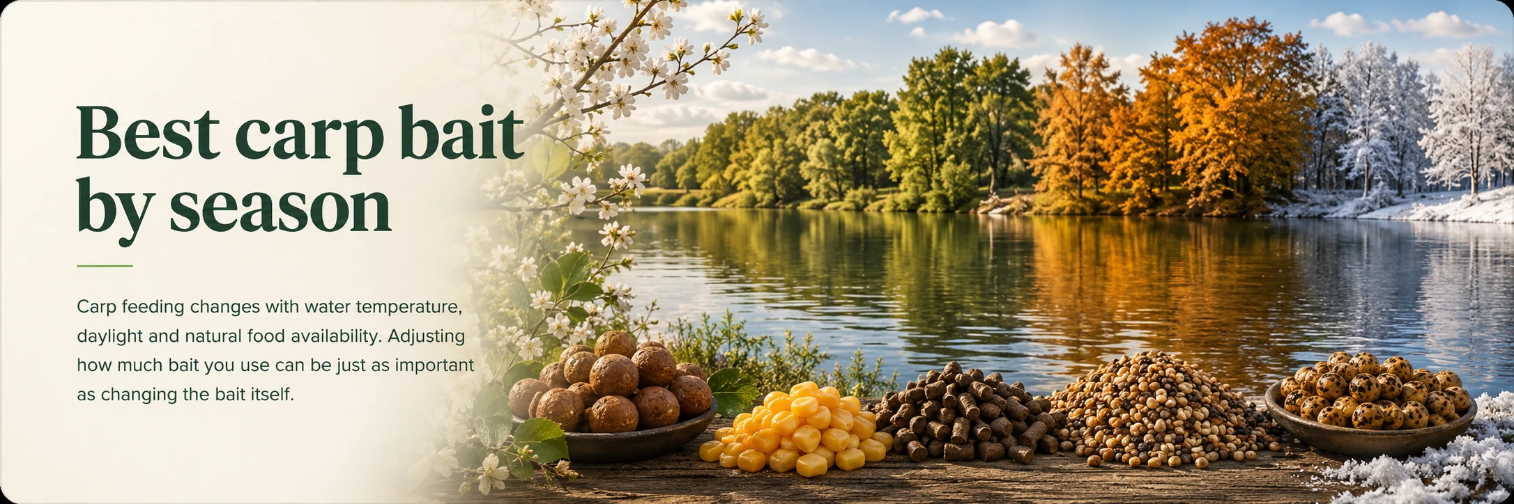 Best carp bait by season, showing a fishing lake through spring, summer, autumn and winter with boilies, pellets, sweetcorn, particles and tiger nuts