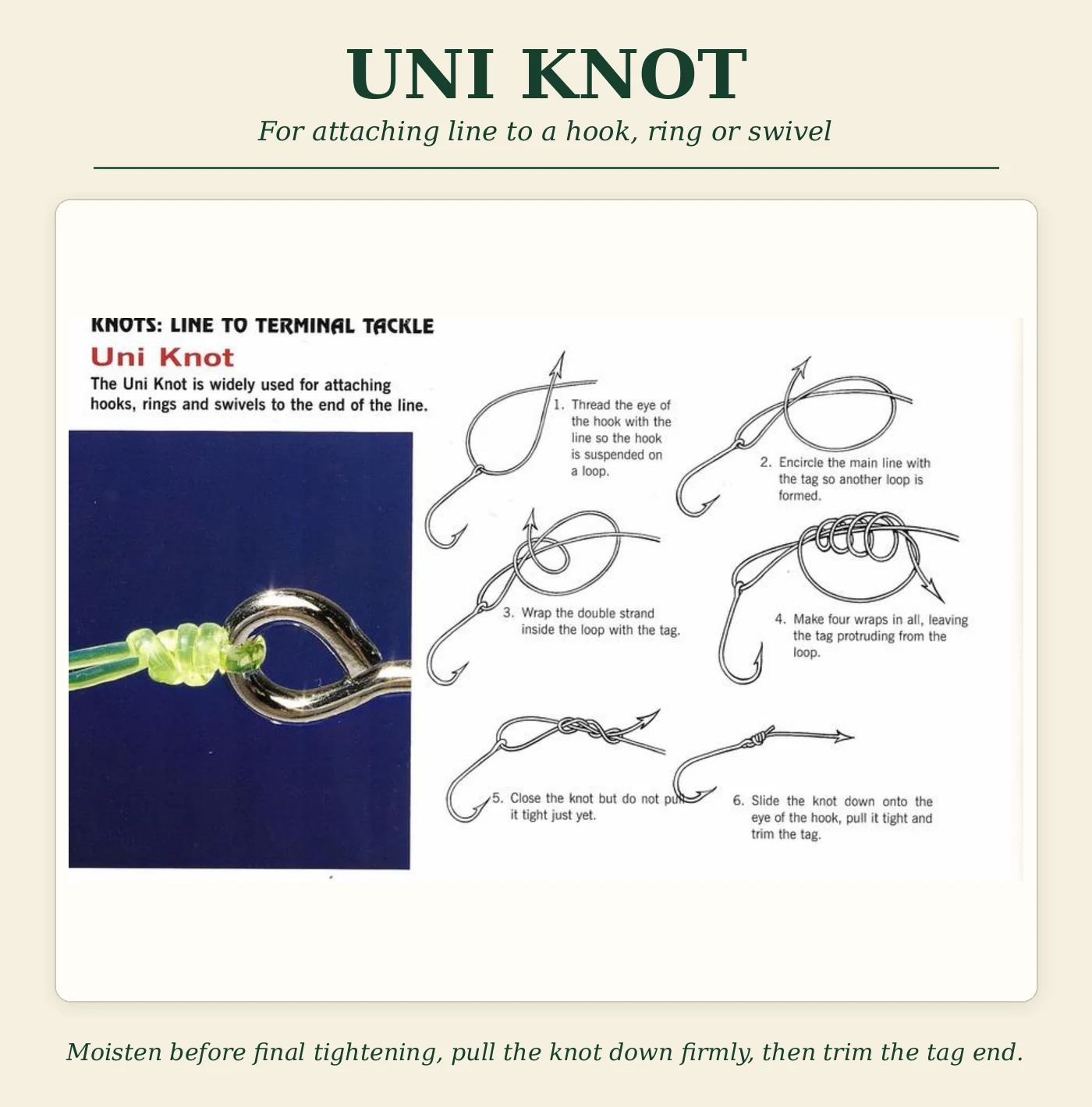 Step-by-step Uni Knot diagram for attaching line to a hook ring or swivel