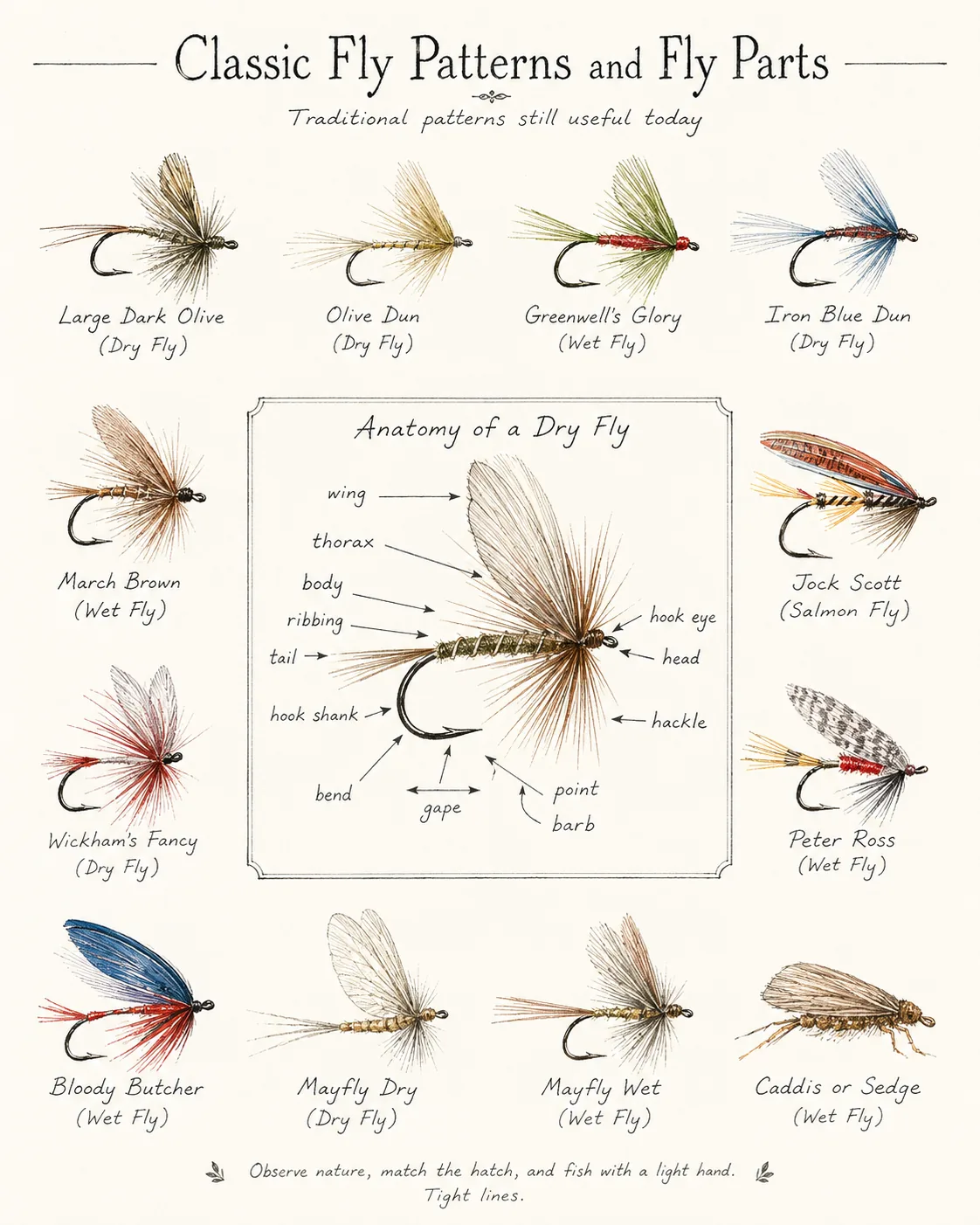 Illustrated guide to classic fly fishing patterns and the labelled parts of a dry fly